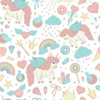 Vector seamless pattern with cute watercolor style unicorns, rainbow, clouds, donuts, crown, crystals, hearts. Sweet girlish illustration. Fairytale repeat background. Good for textile