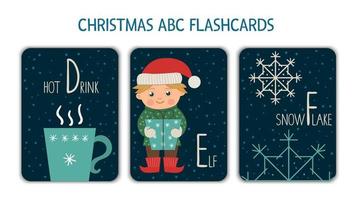 Colorful alphabet letters D, E, F. Phonics flashcard. Cute Christmas themed ABC cards for teaching reading with funny hot drink, elf, snowflake. New Year festive activity. vector