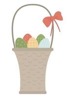 Vector illustration of basket with colored eggs and bow isolated on white background. Easter traditional symbol and design element. Cute spring icon picture.