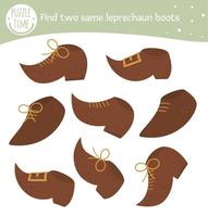 Find two same leprechaun boots. Saint Patrick Day matching activity for preschool children with elf shoes. Funny spring game for kids. Logical quiz worksheet. vector