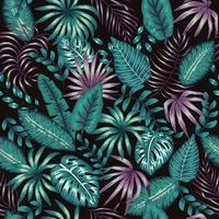 Vector seamless pattern of tropic green and purple foliage on black background. Summer or spring repeat vintage tropical backdrop with monstera, dieffenbachia, palm tree leaves. Exotic jungle