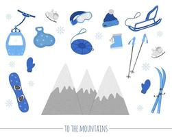 Vector set with objects for active winter. Cold season sport equipment set. Collection of items for spending holidays in mountains.