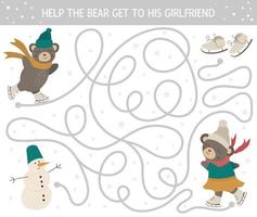 Winter maze for children. Preschool Christmas activity. New Year puzzle game with cute skating animal, skates, snowman. Help the bear get to his girlfriend. vector