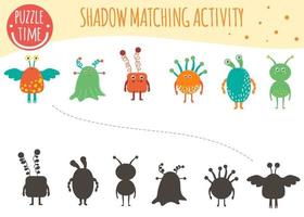 Shadow matching activity for children. Space topic. Cute funny smiling aliens. vector