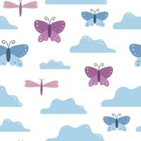 patrón transparente de vector para niños. Fondo de dibujos animados plana con mariposas, nubes, libélulas. linda ilustración azul y rosa