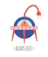 Vector illustration of UFO with alien inside for children. Bright and cute flat picture of flying saucer isolated on white background. Space concept.