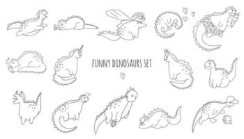 vector conjunto de divertidos dinosaurios en blanco y negro en diferentes poses. concepto de dinosaurio cómico en estilo de dibujos animados. dibujo lineal de doodle de reptiles sarcásticos