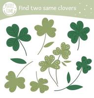 Find two same clovers. Saint Patrick Day matching activity for preschool children with shamrock. Funny spring game for kids with trefoil leaves. Logical quiz worksheet. vector