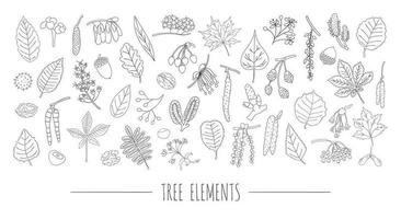 Vector set of black and white tree elements isolated on white background. Colorful pack of birch, maple, oak, rowan, chestnut, hazel, linden, alder, aspen, elm, poplar leaves