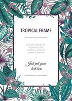 Vector frame template with tropical white and purple leaves and flowers on white background. Vertical layout card with place for text. Spring or summer design for invitation, wedding, party