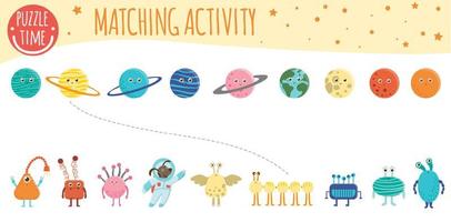 Matching activity for children with planets, aliens and astronaut. Space topic. Cute funny smiling characters. vector