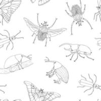 Vector seamless pattern of tropical insects. Repeat background of hand drawn outlines of atlas moth, weevil, butterfly, goliath, Hercules beetle, Spanish fly. Cute ornament of tropic bugs