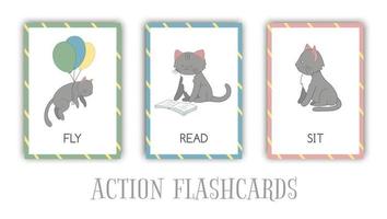 Vector set of actions flash cards with cat. Cute character flying, reading, sitting. Cards for early learning.