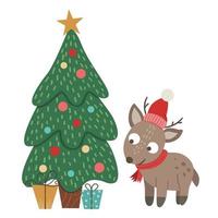 Vector cute little deer in red hat and scarf with fir tree and presents isolated on white background. Cute winter animal illustration. Funny Christmas character