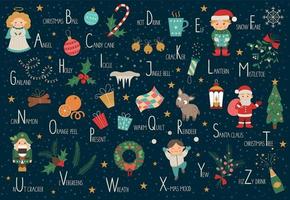 Vector Christmas alphabet for children. Cute flat ABC with new year symbols. Horizontal layout funny poster for teaching reading on white background.