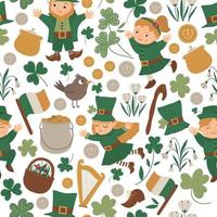 Vector seamless pattern with Saint Patrick Day symbols. National Irish holiday repeating background. Cute funny flat leprechaun texture.