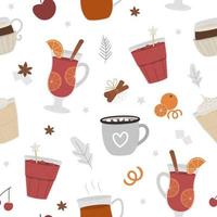 Patrón transparente de vector con bebidas de calentamiento tradicionales de invierno. Fondo repetitivo con bebidas calientes navideñas, especias, frutas.