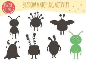 Shadow matching activity for children. Space topic. Cute funny smiling aliens. vector