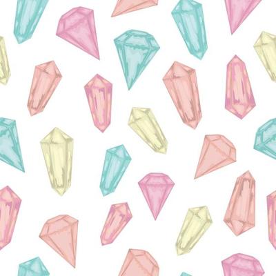 Vector seamless pattern with magic colored crystals on white background. Cute magical love watercolor style repeat background. Gem stones illustration