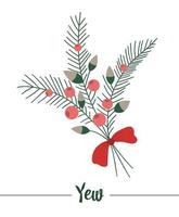 Vector yew with red bow isolated on white background. Cute funny illustration of new year symbol. Christmas flat style traditional plant picture for decorations or design.