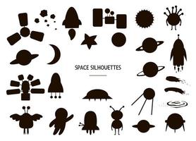 vector conjunto de siluetas espaciales. Ilustración en blanco y negro de ovnis, planetas, cohetes y otros objetos cósmicos. plantillas temáticas de astronomía lindas divertidas.