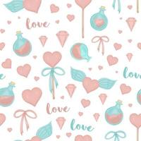 Vector seamless pattern with lollipop hearts, bows, magic potion, wings on white background. Cute magical love watercolor style repeat background