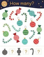 Christmas counting game with balls, candy canes, sweets. Winter math activity for preschool children. How many objects worksheet. Educational riddle with cute funny pictures. vector