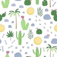 Vector seamless pattern with cute palm trees, cactus, stones, sun, footprints, bones for children. Summer flat cartoon background. Cute desert illustration.