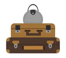 Vector flat illustration of a pile of traveler suitcases. Brown luggage icon with label. Travel object isolated on white background. Vacation element.