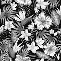 Vector seamless pattern of monochrome tropical leaves with plumeria, strelitzia and hibiscus flowers on black background. Summer or spring repeat vintage tropical backdrop. Exotic jungle ornament