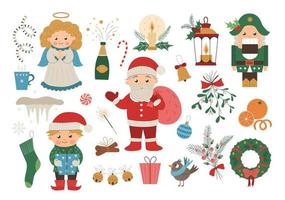 Vector set of Christmas elements with Santa Claus in red hat with sack, angel, nutcracker, elf isolated on white background. Cute funny flat style illustration for decorations or new year design.