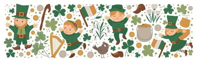 Vector Saint Patrick Day horizontal layout set with leprechaun, shamrock isolated on white background. Irish holiday themed banner or invitation. Cute funny spring background.