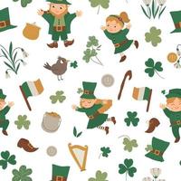 Vector seamless pattern with Saint Patrick Day symbols. National Irish holiday repeating background. Cute funny flat leprechaun texture.