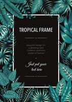 Vector frame template with tropical emerald green leaves on black background. Vertical layout card with place for text. Spring or summer design for invitation, wedding, party, promo events.
