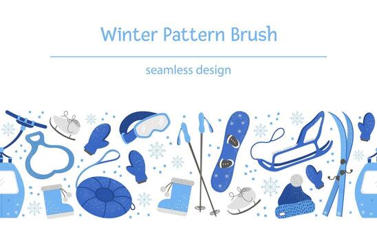 vector cepillo de patrones sin fisuras con objetos para el invierno activo. Fondo de equipos deportivos de temporada fría. borde de repetición con elementos para pasar las vacaciones en la montaña y los copos de nieve.