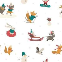 Vector seamless pattern with cute woodland animals doing winter activities. Funny forest characters repeating background.