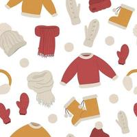 Winter clothes seamless pattern. Repeating background with vector clothing items for cold weather. Flat illustration of knitted warm sweater, hats, gloves, scarves, boots.