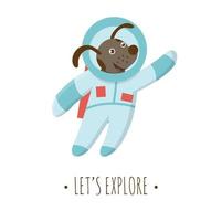Vector astronaut dog illustration for children. Bright and cute flat picture of smiling animal cosmonaut isolated on white background. Space exploration concept.