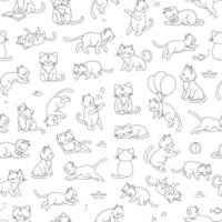 Vector seamless pattern of cute cartoon style cat in different poses. Animal character illustration for children. Hand drawn line drawings of funny kitten Repeat background with pets for kids coloring