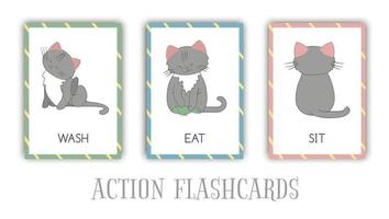 Vector set of actions flash cards with cat. Cute character