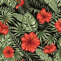 Vector seamless pattern of green tropical leaves with red hibiscus flowers on black background. Summer or spring repeat tropical backdrop. Exotic jungle ornament