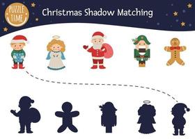 Actividad de combinación de sombras navideñas para niños con personajes. lindo y divertido santa claus sonriente, ángel, duende, cascanueces, hombre de jengibre. Encuentra el juego de invierno de silueta correcta. vector