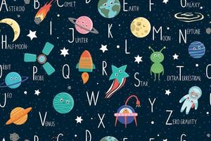 Space alphabet seamless pattern for children. Cute flat English ABC repeating background with galaxy, stars, astronaut, alien, planet, spaceship, probe, comet, asteroid vector