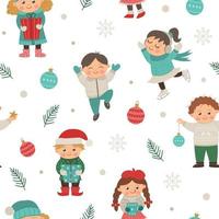Vector seamless pattern with funny children in different poses with Christmas decor. Cute funny repeat background of new year symbols. Christmas flat style picture for decorations or design.