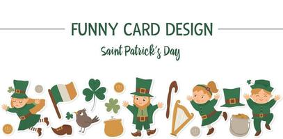 Vector Saint Patrick Day horizontal layout frame border with leprechaun, shamrock stickers isolated on white background. Irish holiday themed banner or invitation with place for text.