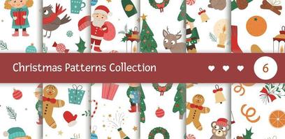 Vector Christmas seamless patterns collection. Cute funny repeat backgrounds collection with new year symbols. Christmas flat style picture for decorations or design.