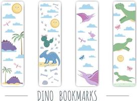 Vector set of cute bookmarks with cute colorful dinosaurs. Sweet vertical stationery templates for children. Funny prehistoric reptiles illustration for children