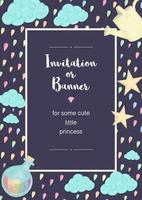 Vector vertical frame with colored raindrops, clouds, stars, watering can. Unicorn themed card template for children event. Girlish cute invitation or banner design.