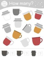 Winter counting game with cup, mug and jam jar. Winter math activity for preschool children. How many objects worksheet. Educational riddle with cute funny pictures. vector