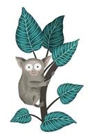 Vector tarsier on a tree with leaves isolated on white background. Tropical animal illustration. Hand drawn exotic cute little monkey. Bright realistic watercolor style picture.